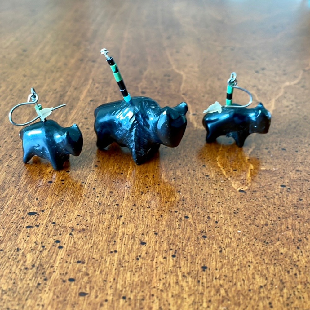 🦬Genuine NAVAJO hand-carved ONYX BUFFALO earrings & pendant turquoise